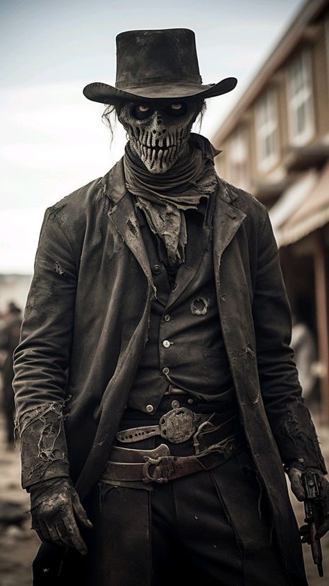 Old Western Halloween Costumes, Scary Cowboy Costume, Dead Cowboy Costume, Zombie Cowboy Costume, Skeleton Cowboy Costume, Dark Cowboy Outfit, Gothic Cowboy Aesthetic, Scary Pirate Costume, Demon Cowboy