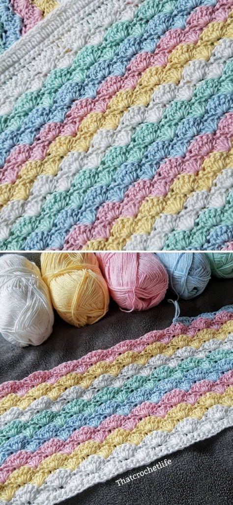 Beautiful Shells Baby Blanket - Free Pattern and Ideas - Pattern Center She’ll Crochet Blanket, Interlocking Shell Crochet Pattern, Free Shell Stitch Crochet Pattern, Simple Crochet Blankets, She’ll Stitch Crochet Blanket, Two Color Baby Blanket Crochet Pattern, Rainbow Baby Crochet Blanket, Crochet Toddler Blanket Pattern Free, She’ll Stitch Crochet