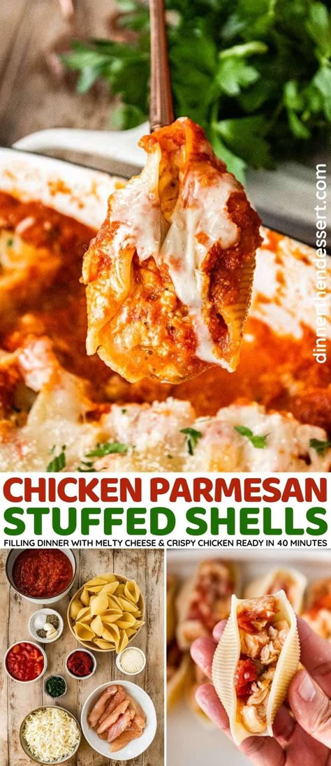 Chicken Parmesan Stuffed Shells are flavorful, cheesy, and wonderfully filling. They're a family favorite dinner that's easy to make! Jumbo Shell Recipes, Shell Recipes, 2023 Meals, Chicken Stuffed Shells, Comfort Pasta, Dinner Then Dessert, Kitchen Witch Recipes, Jumbo Pasta Shells, Stuffed Pasta