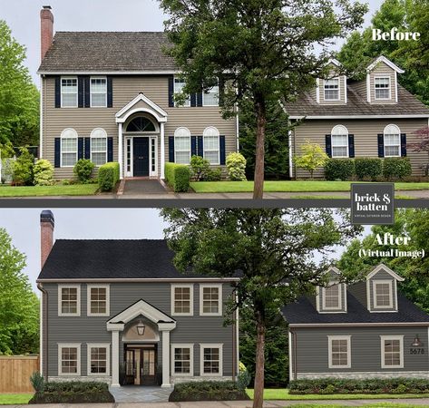 7 Tips for Using Kendall Charcoal by Benjamin Moore on Exteriors | brick&batten Kendall Charcoal Benjamin Moore Exterior, Best Siding Colors, Craftsman Aesthetic, Kendall Charcoal Benjamin Moore, Horizontal Siding, Benjamin Moore Exterior, Going Dark, Colonial House Exteriors, Siding Ideas