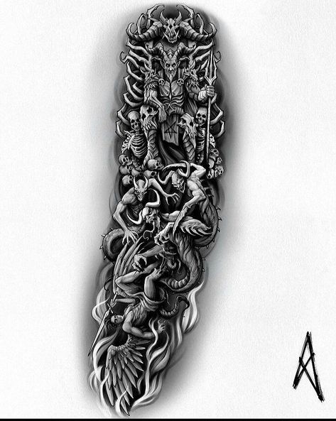 Dark Art Tattoo Sleeve, Deamon Tattoos Design, Dark Sleeve Tattoo Men, Demonic Tattoo Designs, Demon Sleeve Tattoo, Dark Sleeve Tattoo, Hell Tattoo Ideas, Forearm Cover Up Tattoos, Satanic Tattoos