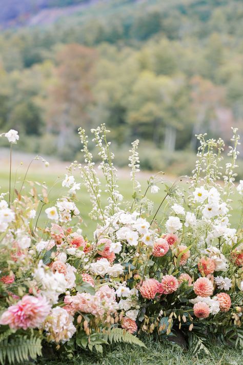 Textural ceremony meadow in a soft neutral color palette for a mountain wedding featuring blush dahlias, white cosmos, and delphinium. Ceremony Meadow, White Cosmos, Spring Wedding Photos, Dahlias Wedding, Farm Wedding Photos, Fall Wedding Photos, Beyond Grateful, Mountain Top Wedding, Persian Wedding