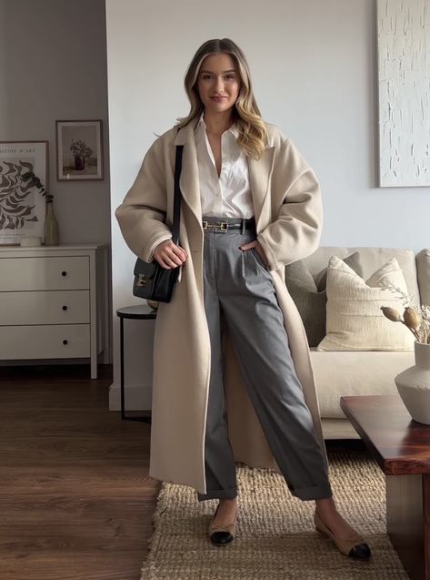 Lily Clark Outfits, Grey Beige Outfit, Grey And Cream Outfit, Lily Clark, Beige Coat Outfit, Clark Outfit, Formal Casual Outfits, Winter Board, Galaxy Stuff