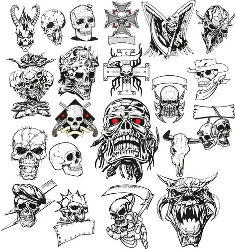 Angry Skull Vector Set Free Vector Skull Flash Art, Flash Art Tattoos, Small Skull Tattoo, Мотоциклы Harley Davidson, Skull Stencil, Art Flash, Tattoo Symbols, Kunst Tattoos, Skull Art Drawing