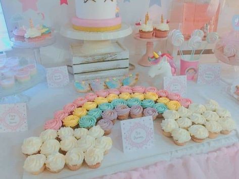 Rainbow Gender Reveal Ideas, Baby Shower Arcoiris Decoracion, Pastel Rainbow Cupcakes, Rainbow Cupcake Cake, Gökkuşaği Pasta, Pastel Rainbow Decor, Care Bears Birthday Party, Rainbow Themed Birthday Party, Unicorn Birthday Party Decorations