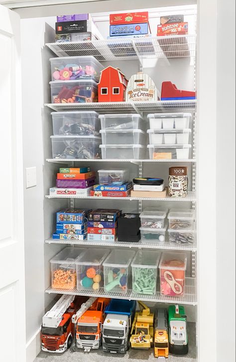 Toy Closet Organization, Playroom Closet, Toy Storage Shelves, Calm Home, Organizing Things, Toy Rotation, Toy Room Organization, Elfa Shelving, Craft Closet