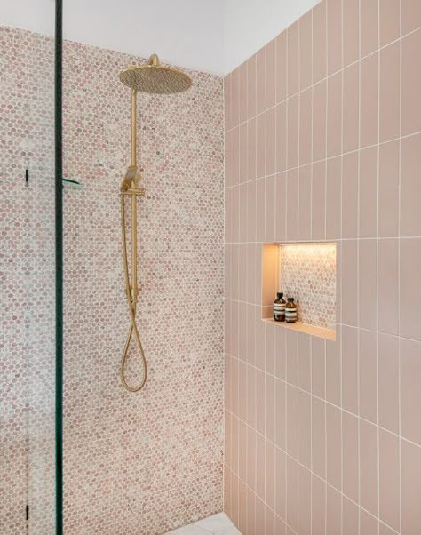 Small Bathroom Renovations, Pink Tiles, Upstairs Bathrooms, Girls Bathroom, Pink Bathroom, Bathroom Renos, Laundry In Bathroom, Wardrobe Design, House Bathroom