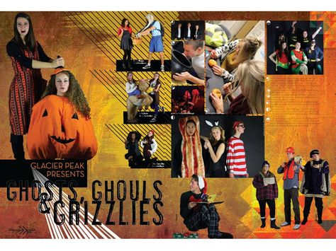 Glacier Peak High School / Halloween spread Halloween Yearbook Spreads, High School Halloween, Halloween Spread, Yearbook Inspiration, Yearbook Spreads, Yearbook Layouts, Yearbook Pages, Yearbook Themes, School Halloween