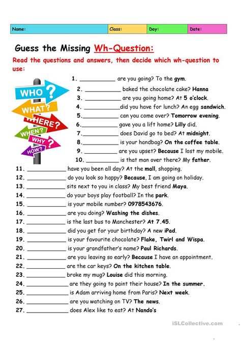 Guess the Missing Wh Question - English ESL Worksheets for distance learning and physical classrooms English Starter Activities, Wh Question Worksheet, English Class Activities, English Conversation Worksheets, Wh Questions Exercises, English Classroom Posters, Question Words, English Grammar Exercises, Banana Benefits