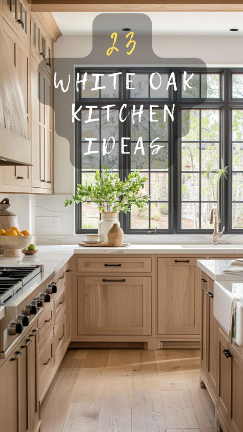 23 Ways To Style White Oak Kitchens! Explore 23 Stylish Ways To Incorporate White Oak Into Your Kitchen For A Timeless And Inviting Look. Ready To Explore? Click To Discover And Style! 🏡🍴 #WhiteOakWays #TimelessKitchen #InvitingInteriors #ExploreAndDiscover #KitchenDecor White Oak And White Cabinets, White Oak Kitchen Islands, White Oak Cabinets With Black Hardware, Weathered Oak Stain On White Oak Cabinets, Rift Oak Kitchen Cabinets, Wood Cabinets Kitchen White Counter, Modern Farmhouse Kitchens Wood Cabinets, Floors With White Oak Cabinets, White Oak Kitchen Ideas