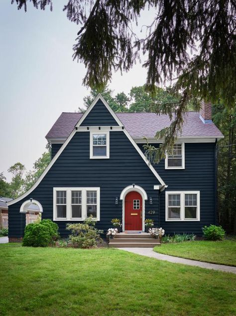 House External Colour Scheme, Navy Blue House Exterior, Blue House White Trim, Tudor Exterior, Navy Blue Houses, Brick Tudor, Tudor House Exterior, Red Door House, Navy Houses