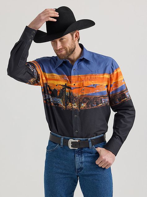 STYLE THAT’S READY TO RODEOWrangler's Checotah® has a home in the closets of cowboys around the world. This men's Checotah long-sleeve western snap Navajo-inspired printed shirt is designed to make a statement no matter the destination. It features a classic fit, a spread collar, pointed yokes, two snap flap pockets with a convenient pencil slot, adjustable cuffs, and a full-length snap closure for the finishing touch. Best of all, it's crafted from cotton for uncompromising comfort. Look sharp at a moment's notice by wearing your Checotah shirt with a Wrangler Retro® or Cowboy Cut® jean. Adventurous Men, Boys Cowboy Boots, Girl Cowboy Boots, Printed Shirts Men, Loose Fit Jeans, Western Shirts, Western Outfits, Cut Jeans, Western Wear