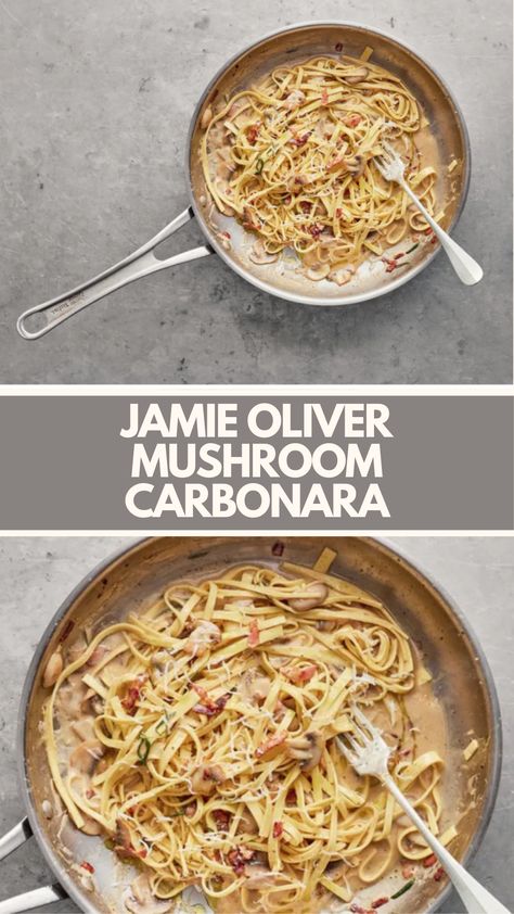 Jamie Oliver Mushroom Carbonara is made with fresh lasagne sheets, smoked streaky higher-welfare bacon, button mushrooms, rosemary, Parmesan cheese, and a free-range egg. This unique and creamy Mushroom Carbonara recipe creates a comforting dinner that takes about 15 minutes to prepare and can serve up to 2 people.

This Recipe From ONE Cookbook By Jamie Oliver. Jamie Oliver 15 Minute Meals, Mushroom Carbonara, Lasagne Sheets, Comforting Dinner, Button Mushroom, Carbonara Recipe, Cooking Bacon, Button Mushrooms, 15 Minute Meals