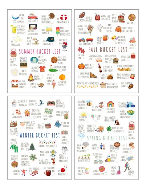 This INSTANT DOWNLOAD gives you access to ALL 4 of our seasonal bucket lists!  All you need to do is simply download and print as many copies as you would like! *INCLUDED* All 4 Lists (8.5x11 PDF)  - Fall Bucket List  - Winter Bucket List  - Spring Bucket List  - Summer Bucket List After Purchase: -Once you have purchased this item you will instantly have access to the Etsy download page and you will also receive a download link in your email. -Click "download" and save the file to your computer Monthly Bucket List Ideas, Fall Bucket List 2024, Winter Bucket Lists, Monthly Bucket List, Winter To Do List, Season Bucket List, November Bucket List, Winter Bucket List Ideas, Seasonal Bucket List