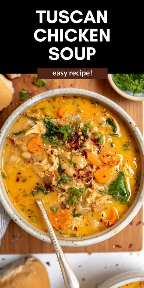 Tuscan Chicken Soup Easy Tuscan Soup, Crockpot Tuscan Chicken Soup, Chicken Soup Recipes Dairy Free, Nutritional Soup Recipes, Soups With Chicken Thighs, Dutch Oven Soup Recipes Healthy, Fall Chicken Soup, Soups Using Chicken, Soups From Around The World