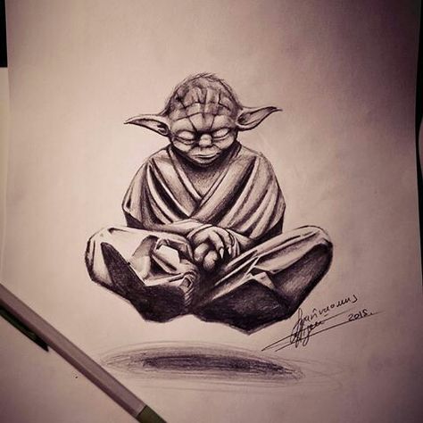 Yoda Drawing Sketches, Star Wars Yoda Drawing, Yoda Tattoo Design, Yoda Tattoo Ideas, Yoda Meditating, Chewbacca Tattoo, Grogu Tattoo, Jedi Tattoo, Yoda Tattoo