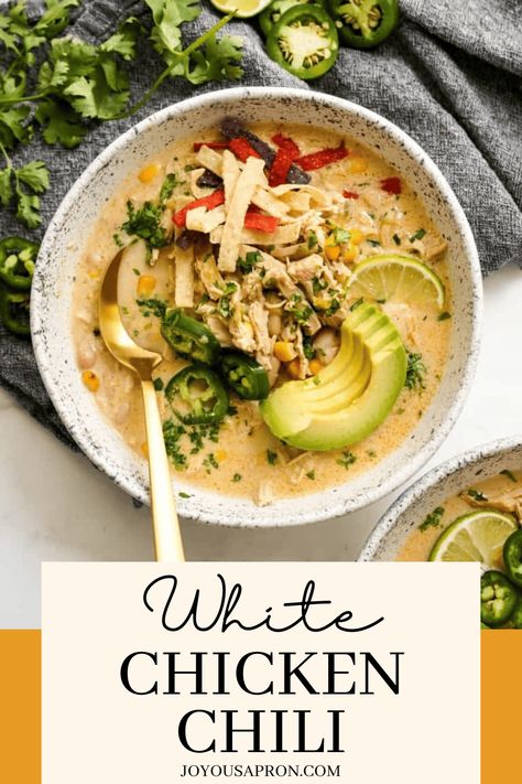 A delicious, creamy and chunky chicken chili recipe. Chicken breasts are boiled in chicken broth seasoned with cumin, coriander and paprika, combined with white beans, corn and green chilis. A winning 35-minute meal perfect for a cozy weeknight dinner. Instant Pot White Chicken Chili, Recipe Crockpot, Tortilla Strips, Corn Chicken, White Chili Chicken Recipe, Chili Recipe Crockpot, Chicken Taco Soup, Crockpot Chili, Chicken Chili Recipe