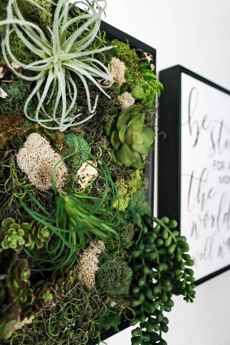 If you're looking for unique wall decor that you can make yourself, you're going to love this DIY faux succulent garden with fake succulents, air plants and preserved moss made with a shadowbox. #fakesucculents #succulents #fauxsucculents #walldecor Fake Succulent Wall, Diy Succulent Wall, Wall Decorations Ideas, Succulent Wall Decor, Succulent Projects, Diy Succulent Terrarium, Succulent Wall Art, Fake Plants Decor, Plant Wall Decor