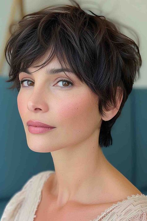 Pixie Bob With Curtain Bangs, Pixie Shaggy Haircut, Tousled Pixie Haircut, Wolf Pixie Cut, Dark Brown Pixie Haircut, Short Haircut With Fringe, Modern Pixie Haircut Over 50, Pixie Cut With Fringe, Womens Short Hair