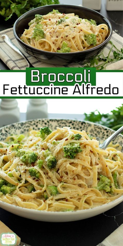 This creamy Broccoli Fettuccine Alfredo features a quick and easy Alfredo sauce combined with tender broccoli florets and al dente fettuccine. #alfredosauce #broccoliafredo #broccolifettuccinealfredo #pastarecipes via @melissasssk Fettuccini Alfredo With Broccoli, Vegetable Fettuccine Alfredo, Vegetable Alfredo Pasta, Quick And Easy Alfredo Sauce, Broccoli Fettuccine Alfredo, Brocolli Cheese, 1st Cruise, Easy Alfredo Sauce, Easy Alfredo