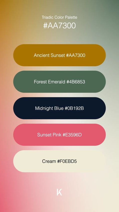 Triadic Color Palette Ancient Sunset #AA7300 · Forest Emerald #4B6853 · Midnight Blue #0B192B · Sunset Pink #E3596D · Cream #F0EBD5 Punk Color Palette, Colour Wheel Theory, Solar Punk, Colour Pallets, Create Color Palette, Sunset Pink, Hex Color Palette, Colour Wheel, Ipad Art