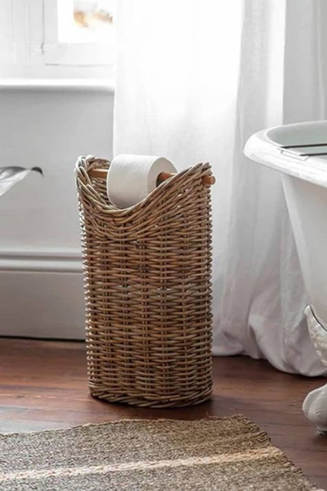 Toilet Roll Basket, Toilet Roll Storage, Roll Storage, Black Toilet Paper Holder, Black Toilet Paper, Unique Homewares, Bathroom Dimensions, Bamboo Rods, Timeless Interior