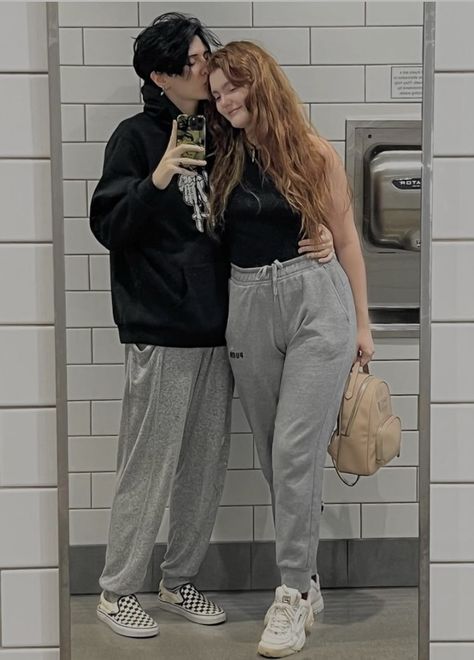 Same Size Couples, Tomboy And Girly Couples, Short Masc Tall Femme Couple Wlw Aesthetic, Adeline Troutman, Butchfemme Aesthetic, Masc Fem Couple Aesthetic, Fem Masc Couple, Masc Lesbian Couple, Masc Femme Relationship