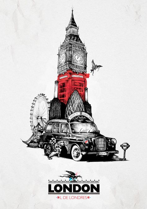 London Poster by Nacho Gallego London Artwork, London Drawing, London Illustration, London Theme, London Wallpaper, London Poster, London Tattoo, Collage Design, London Art