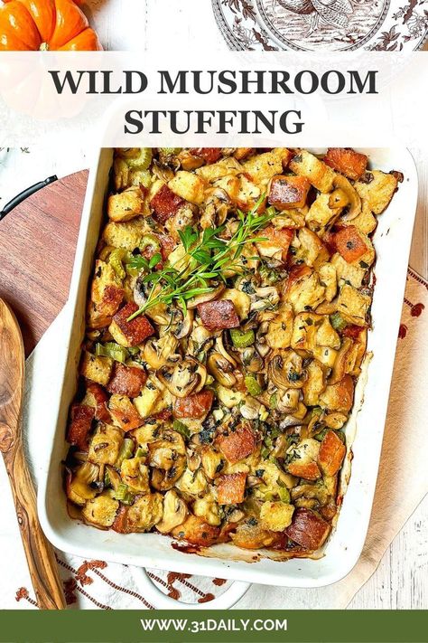 If there is one iconic Thanksgiving dish, other than the turkey, stuffing has to be it. This Wild Mushroom Stuffing recipe is an impressive, delicious side dish, packed with savory, earthy flavors, and easy to make from scratch. Mushroom Stuffing Thanksgiving, Mushroom Stuffing, Stuffing Thanksgiving, Christmas Side Dish Recipes, Thanksgiving Dish, 31 Daily, Stuffing Recipes For Thanksgiving, Make From Scratch, Herb Stuffing