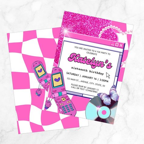 Y2k Birthday Party Invitation, Editable in Canva Invite, Retro Vibes Printable, Throwback Early 2000s Theme, 90s 00s Baby Template for Girls - Etsy Y2k Birthday Party, 2000 Vibes, 2000s Theme, Y2k Party, Early 2000s, Sixteenth Birthday, Retro Vibe, Graduation Party, Birthday Party Invitations