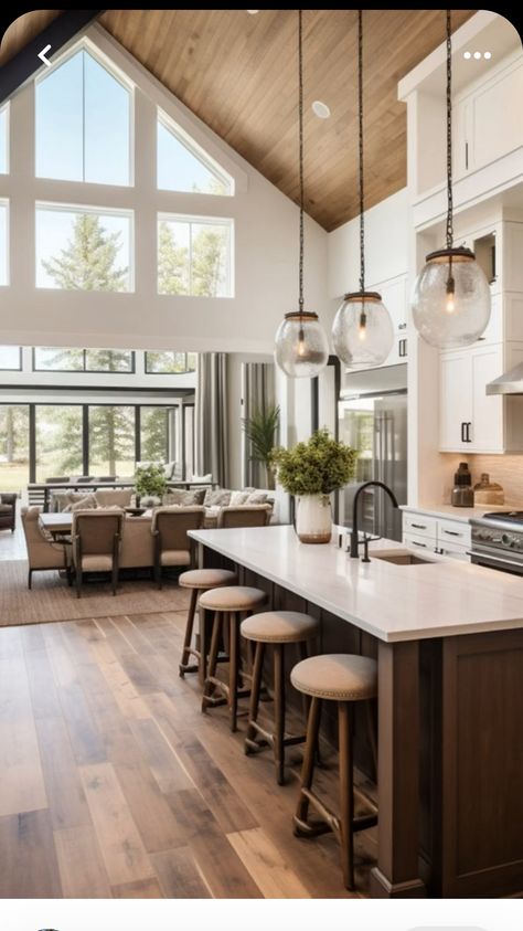 Large Window Living Room, Modern Open Plan Kitchen Living Room, Modern Lake House Kitchen, European Home Design, Vaulted Kitchen, Kitchen Color Schemes, Farmhouse Kitchen Colors, Luxury Farmhouse, Lake House Kitchen