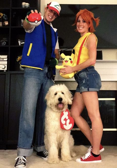 Ash Ketchum and Misty Costume. Beanie baby dog costume #pokemon #couplescostume #gottacatchemall #tybeaniebaby #halloween Couple Costumes Pokemon, Couple Halloween Costumes Pokemon, Misty Halloween Costume Pokemon, Couple Pokemon Costumes, Pokemon Halloween Costume Couple, Misty Costume Pokemon, Pokemon Trainer Halloween Costume, Pokemon Dog Costume, Pokémon Couple Costume