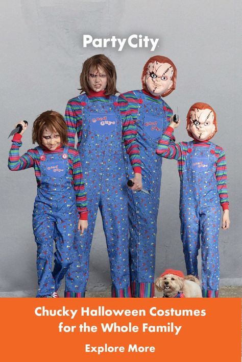 Dress the whole family up as their favorite scary character this Halloween. Explore more family Halloween costume ideas at Party City. Chucky Family Costume, Chucky Costume For Kids, Star Wars Family Costumes, Chucky Family, Costume Ideas For Groups, Chucky Halloween Costume, Seed Of Chucky, Easy Halloween Costume Ideas, Halloween Family Costumes