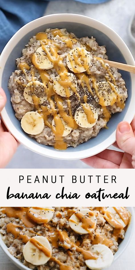 The ultimate healthy breakfast recipe, this peanut butter banana oatmeal is creamy, voluminous and will keep you full all morning long! Plus it only takes about 10 minutes to make.  Each bowl has around 370 calories, 17 grams of fiber (woot!), and 11 grams of protein.  #eatingbirdfood #oatmeal #peanutbutter #chia #banana Chia Oatmeal, Peanut Butter Banana Oatmeal, Deserturi Raw Vegan, Resep Smoothie, Plats Healthy, Healthy Breakfast Recipe, Resep Diet, Healthy Recipes Easy Snacks, Makanan Diet