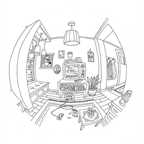 Fisheye Perspective Drawing Room, Fish Bowl Perspective Drawing, Fisheye Tattoo, Fisheye Art Perspective, How To Draw Fisheye Perspective, Fishbowl Perspective, Fisheye Perspective Drawing, Curved Perspective, Fisheye Drawing