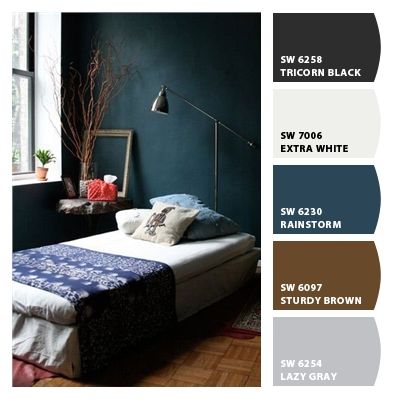 @ Karol Hollis-Paint colors from Chip It! by Sherwin-Williams. Rainstorm. Mmm. Charcoal Bedroom, Navy Bedrooms, Dark Blue Bedrooms, Bedroom Cozy, Dark Bedroom, Teal Walls, Dark Walls, Blue Rooms, Design Del Prodotto