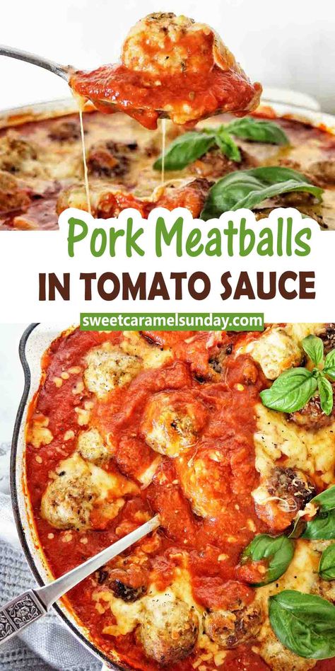 Pork Meatballs In Tomato Sauce are quick and easy to make, With juicy pork meatballs browned on the stove top then popped into a simple Italian style sauce and oven baked till the cheese melts dinner will be sorted in less than 30 minutes. @sweetcaramelsunday Italian Pork Meatballs, Italian Pork Meatballs Recipe, Ground Pork Meatballs, Meatballs In Tomato Sauce, Meatball Sauce, Pork Meatballs, Italian Sauce, Italian Meatballs, Blogger Photos