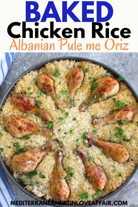 Baked Chicken Rice Casserole, Mediterranean Baked Chicken, Baked Chicken Rice, Mediterranean Chicken Bake, Albanian Food, Albanian Recipes, Easy To Bake, Chicken Baked, Chicken Rice Casserole