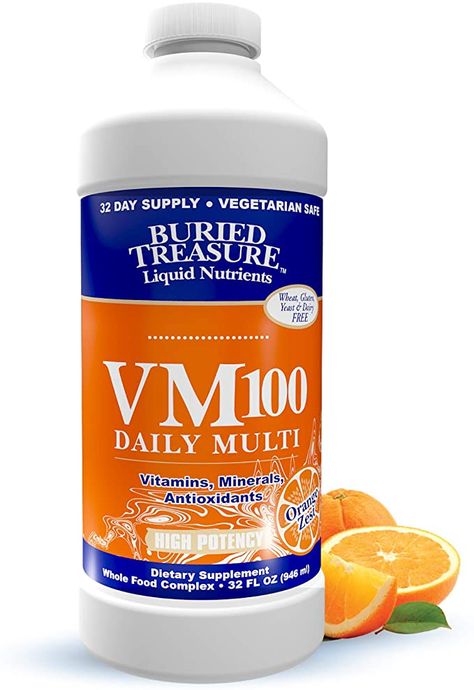 Amazon.com: Buried Treasure VM100 Complete Daily Liquid Vitamins and Minerals plus Antioxidants Supplement for Maximum Absorption Great Tasting Orange Zest Flavor 32 Servings 32 Ounce : Health & Household Liquid Multivitamin, Liquid Supplements, Liquid Vitamins, Buried Treasure, Pantothenic Acid, Grape Seed Extract, Natural Preservatives, Herbal Blends, Orange Zest