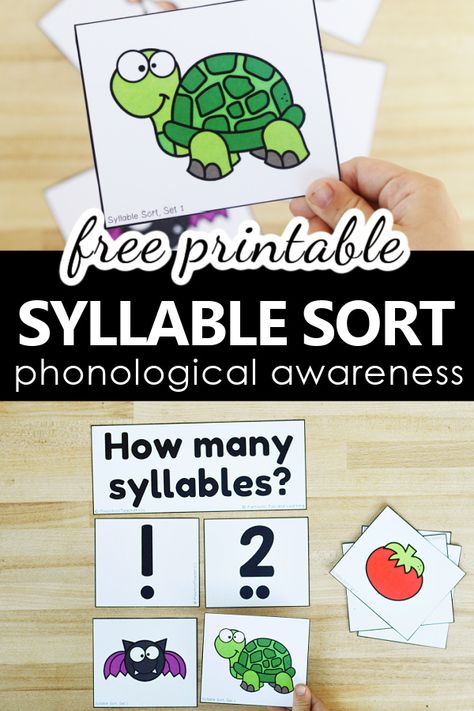 Free Printable Syllable Sort Phonological Awareness Literacy Center for PreK and K-Counting Syllables Phonological Awareness Centers, Syllable Sort Freebie, Free Syllable Activities Preschool, Counting Syllables Kindergarten, Phonics Games Kindergarten Free Printable, Preschool Syllables Activities, Teaching Syllables Preschool, Segmenting Syllables Activities, Thanksgiving Syllables Free