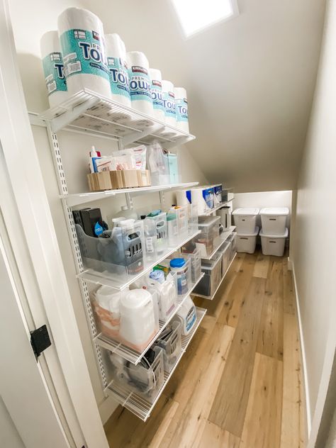 Under Stairs Storage From Back, Under Stairs Storage Ideas Organizers, Under Stair Organization Ideas, Closet Understairs Storage, Under Basement Steps Storage Ideas, Organize Under The Stairs Closet, Under Stairs Storage Organization, Elfa Storage Closet, Functional Under Stairs Closet