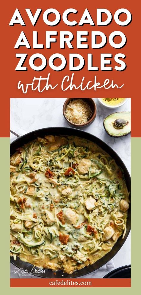 This Avocado Alfredo Zoodles with Chicken recipe is a delicious, no guilt dinner. This dish is rich, thick, and creamy thanks to a healthy avocado alfredo sauce. It's made with the perfect combination of protein, healthy fats, and low carb count, these Avocado Alfredo Zoodles are so filling and absolutely delicious. Chicken Sun Dried Tomatoes, Alfredo Zoodles, Zoodles With Chicken, Sundried Tomato Chicken, Healthy Avocado, Indulgent Food, Healthy Bowls, Stuffed Avocado Healthy, Keto Recipes Dinner