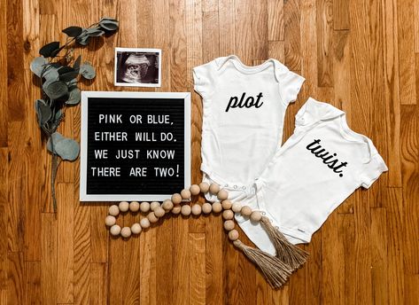 Birth Announcement For Twins, Twin Letter Board Announcement, Double Trouble Twins Announcement, Second Set Of Twins Announcement, Twin Reveal Ideas Surprise, Twin Onesies Announcement, Twin Boys Announcement, Twin Announcement Ideas With Sibling, Announcing Twins To Family