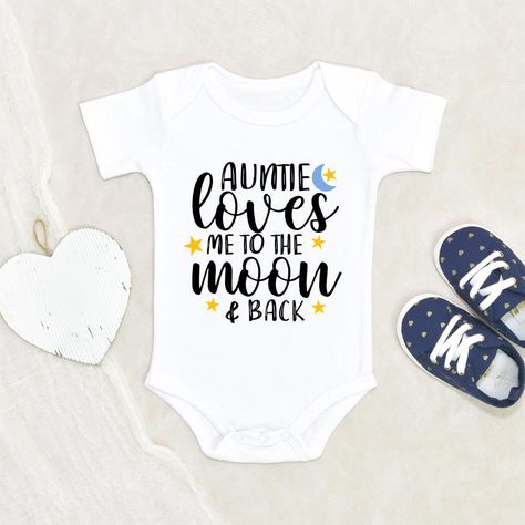 Auntie Baby Onesie - My Auntie Loves Me To The Moon And Back Onesie - Aunt Baby Clothes ﻿HOW TO ORDER:1) Choose onesie2) Select design color if applicable3) Enter customization in “Add your personalization” field4) ADD TO CART5) Select from our shipping class optionsONESIE SIZES0-3 Months :: 21-24 in. / 6-12 Ibs.3-6 Months :: 24-26 in. / 12-16 Ibs.6-9 Months :: 26-28 in. / 16-20 Ibs.12 Months :: 28-30 in. / 20-24 Ibs.PERSONALIZATIONIF the item includes personalization, enter in the “add your per Auntie Baby Clothes, Aunt Baby Clothes, Aunt Onesie, Aunt Baby, Auntie Baby, Baby Aunt, Baby Niece, Baby Clothes Sizes, Cricut Baby