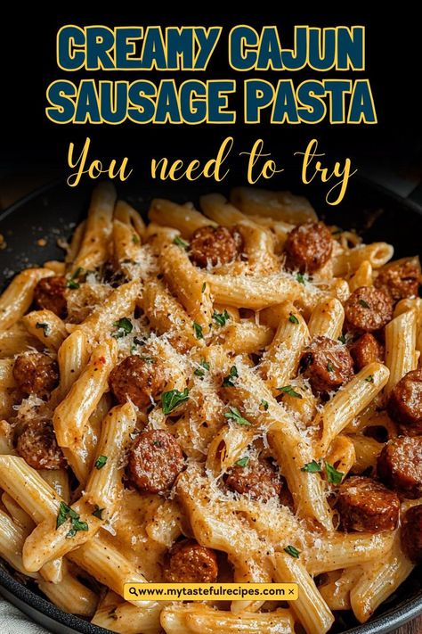 Make dinnertime effortless with this one-pot Creamy Cajun Sausage Pasta! Bursting with Cajun spices, creamy sauce, and hearty sausage, it’s a flavor-packed meal for busy nights. One Pot Andouille Sausage Pasta, Dinner Recipes Sausage Kielbasa, Crawfish And Sausage Pasta, Andouille Sausage Dinner Ideas, Cajun Pesto Pasta, Recipe With Cajun Sausage, How To Make Cajun Pasta, Two Day Meals Dinners, Sausage And Meatballs Pasta