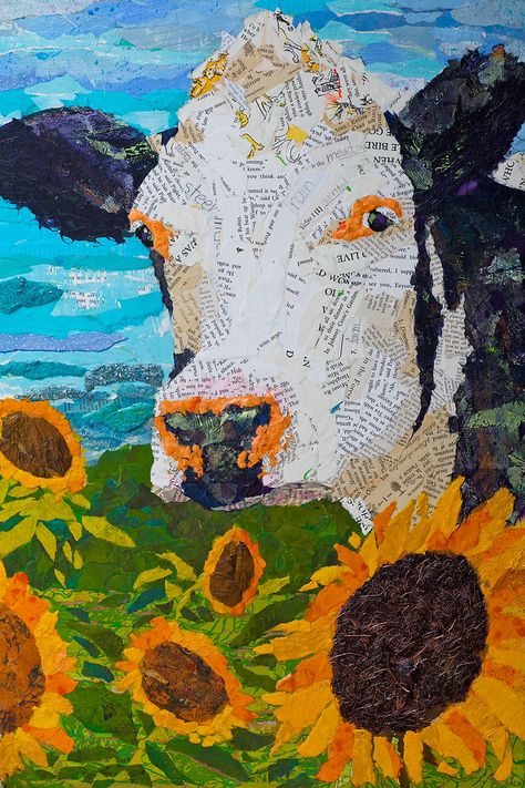 https://flic.kr/p/9vywHf | Buttercup #2 | Mixed media collage of assorted papers and fabrics  Paper and canvas giclee prints also available Sunflower Collage, Collage Flowers, Cow Sunflower, Cow Art, A Cow, Middle School Art, Wow Art, White Photo, Teaching Art