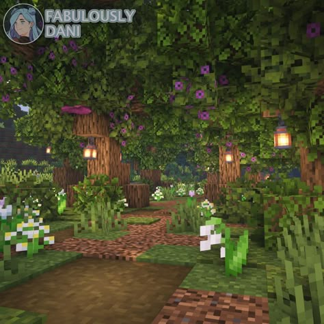 This forest trail is made of custom trees using the new azalea leaves and spore blossoms. Minecraft Mystical Forest Ideas, Mushroom Trees Minecraft, Fairy Underground Base Minecraft, Custom Azalea Tree Minecraft, Spore Blossom In Minecraft, Minecraft Azalea Tree, Minecraft Underground Forest, Minecraft Tree Orchard, Flowering Azalea Minecraft