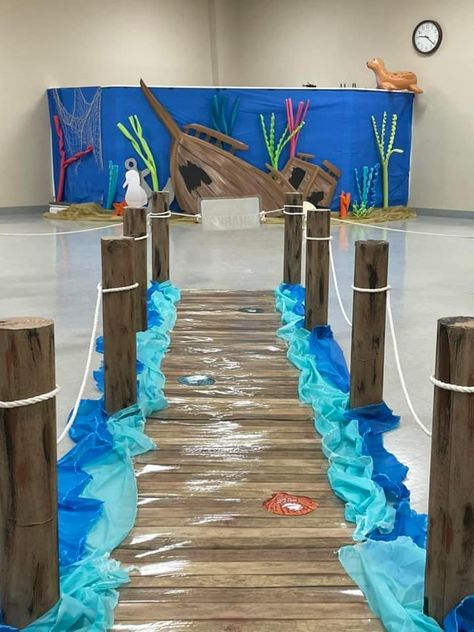 Diy Waves Ocean Cardboard, Rock Breaker Beach Vbs, Vbs Water Theme, Beach Stage Design, Breaker Rock Beach Vbs 2024 Decorations, Breaker Rock Beach, Scuba Vbs, Sunken Boats, Under The Sea Animals