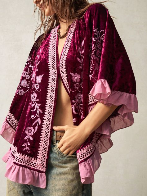 Solid Color Knitted Fringe Trim Cape Shawl For Vacation Burgundy Boho  Long Sleeve Velvet Geometric,Plain Other Medium Stretch  Women Clothing, size features are:Bust: ,Length: ,Sleeve Length: Clothes With Fringe, Camo Cardigan, Cape Shawl, Velvet Cape, Fringe Trim, Inspiration Mode, Kimonos, Long Sleeve Knit, Outerwear Women