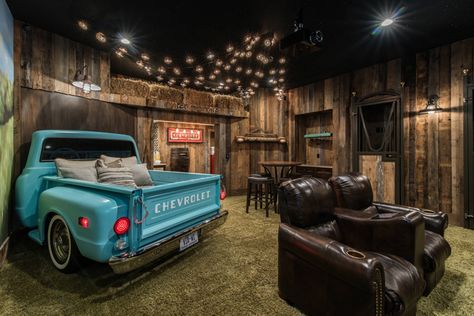 "drive-in" home theater with turquoise pickup truck Man Cave Designs, Movie Theater Rooms, Basement Home Theater, Man Cave Design, Drive In Movie Theater, Ultimate Man Cave, Home Theater Decor, Man Cave Basement, Home Movie